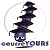 Course Yours Logo is a black dot with two eyes wearing several graduation caps stacked on its head.